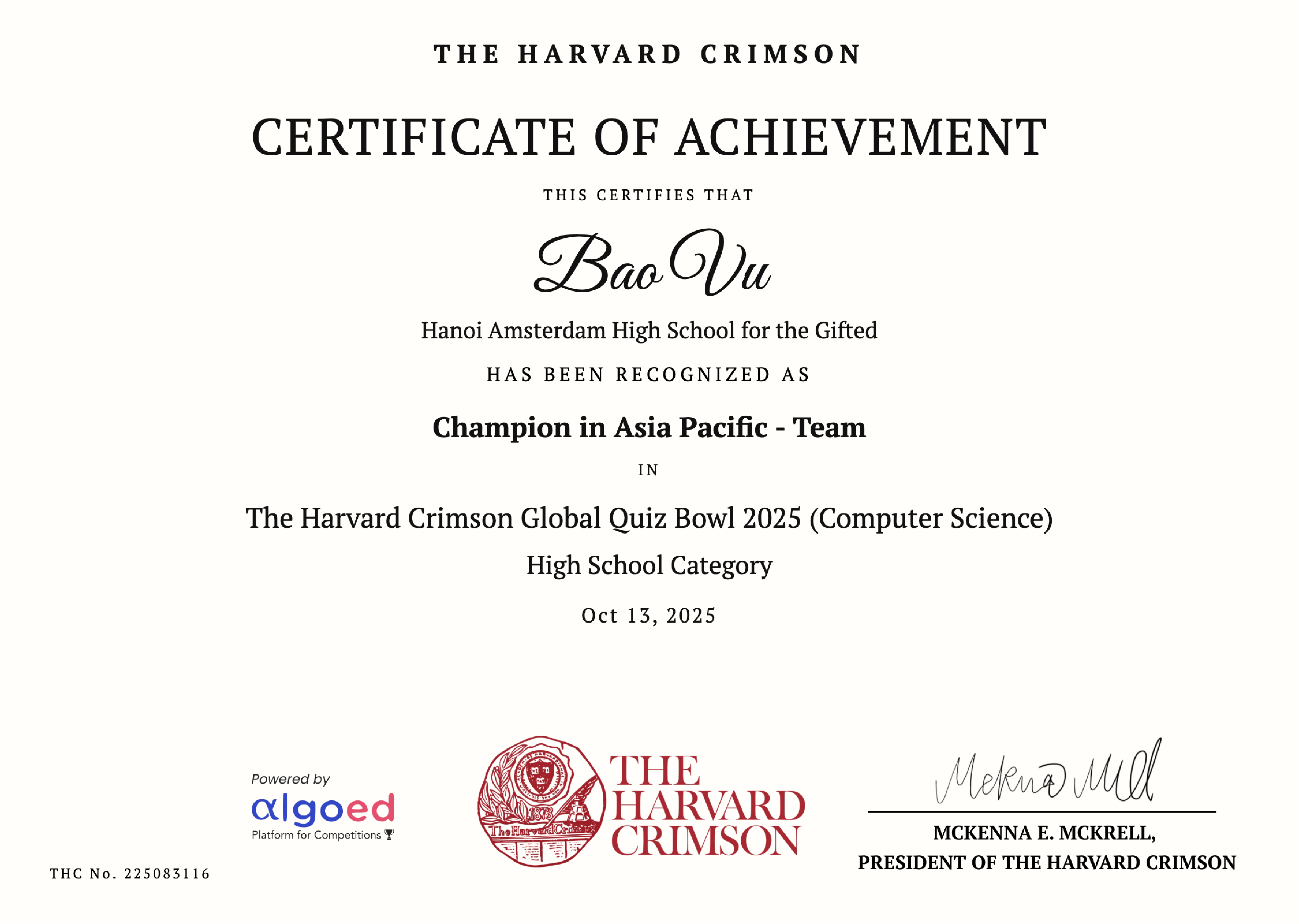 Crimson Harvard Certificate